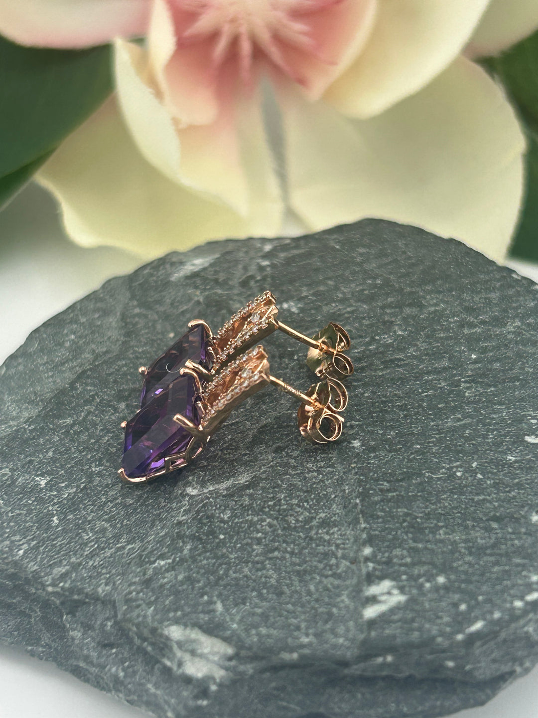 10K Gold Diamond & Amethyst Post-back Earrings