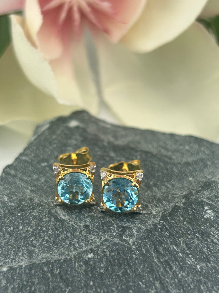 10K Gold Diamond & Blue Topaz Post-back Earrings