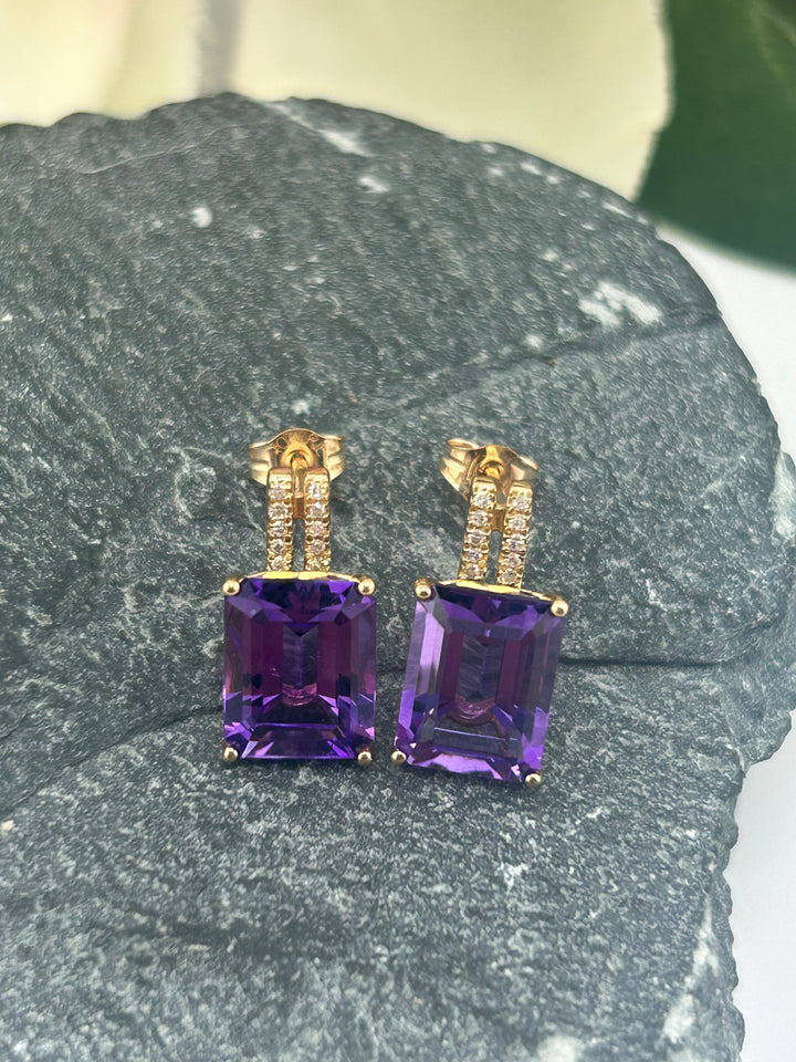 10K Gold Diamond & Amethyst Post-back Earrings