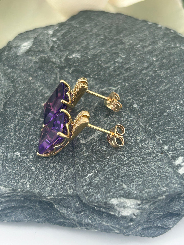 10K Gold Diamond & Amethyst Post-back Earrings