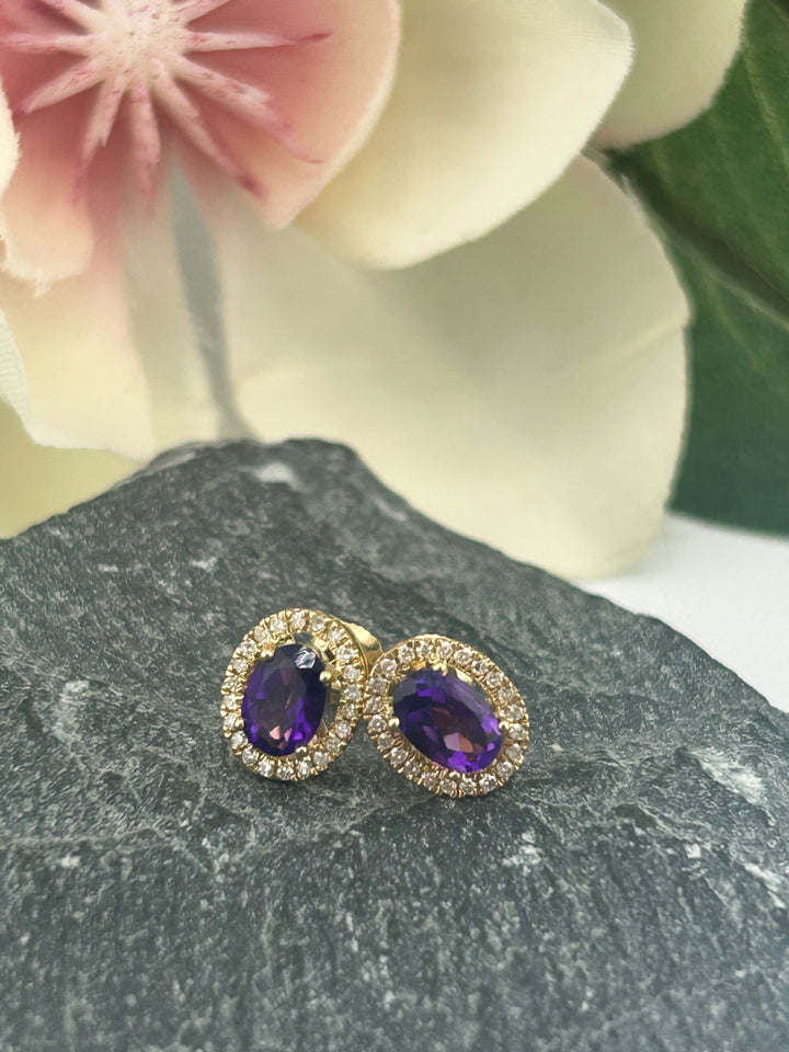 10K Gold Diamond & Amethyst Post-back Earrings