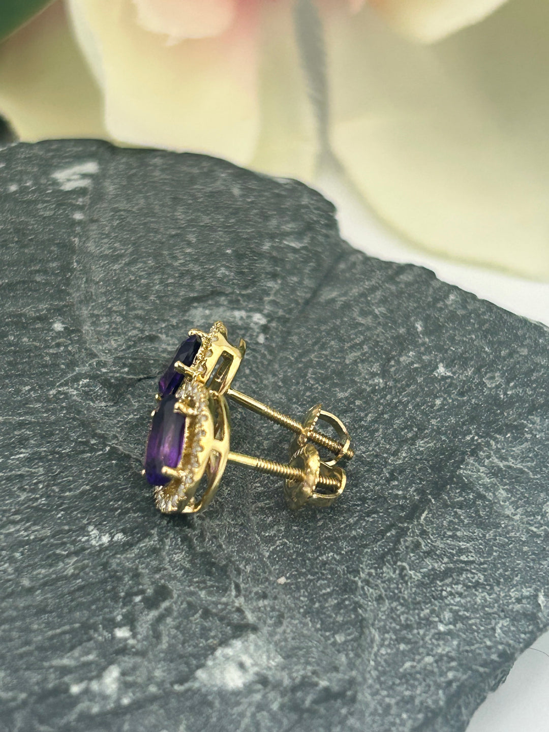 10K Gold Diamond & Amethyst Post-back Earrings
