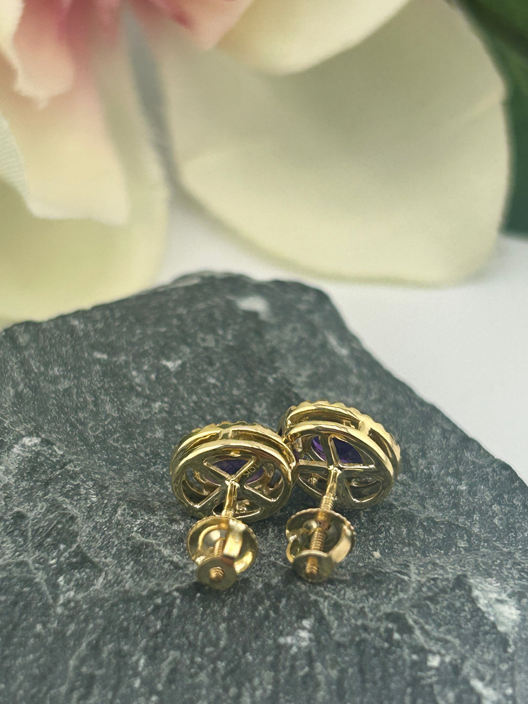 10K Gold Diamond & Amethyst Post-back Earrings