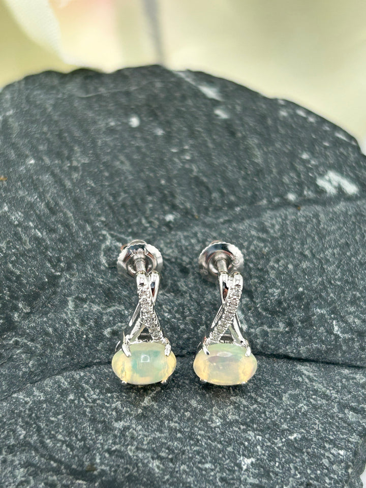 10K White Gold Diamond & Opal Post-back Earrings