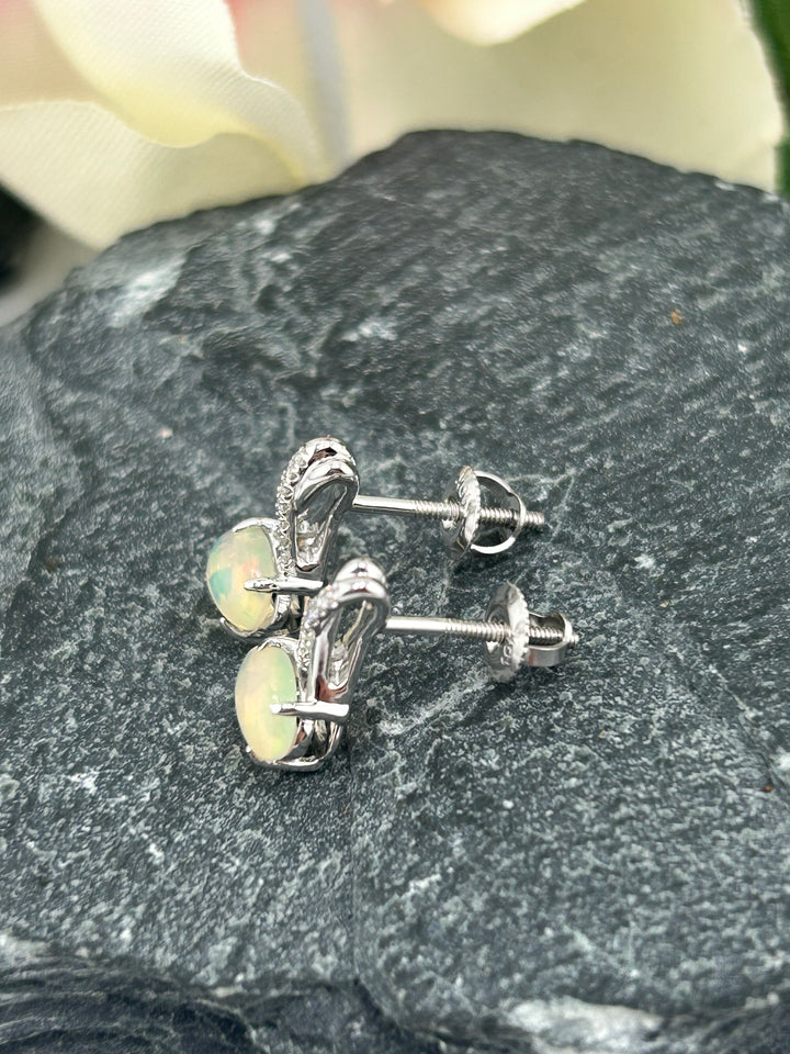 10K White Gold Diamond & Opal Post-back Earrings