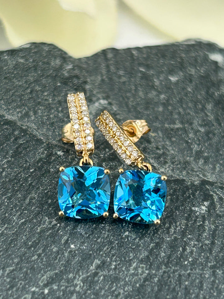 10K Gold Diamond & Blue Topaz Post-back Earrings