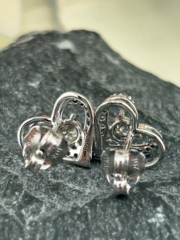 10K White Gold & Diamond Post-back Heart Earrings