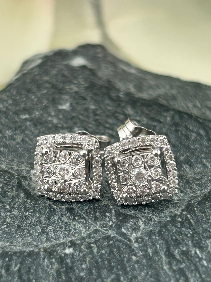 10K White Gold & Diamond Post-back Square Earrings