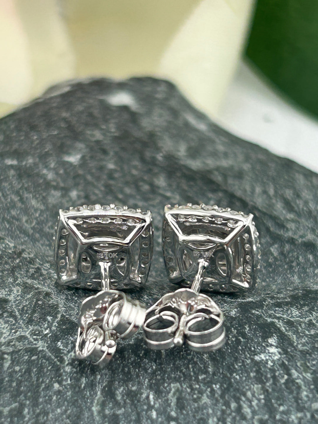 10K White Gold & Diamond Post-back Square Earrings