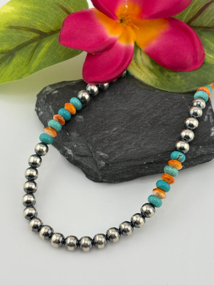 Turquoise & Spiney Oyster Silver Bead Necklace