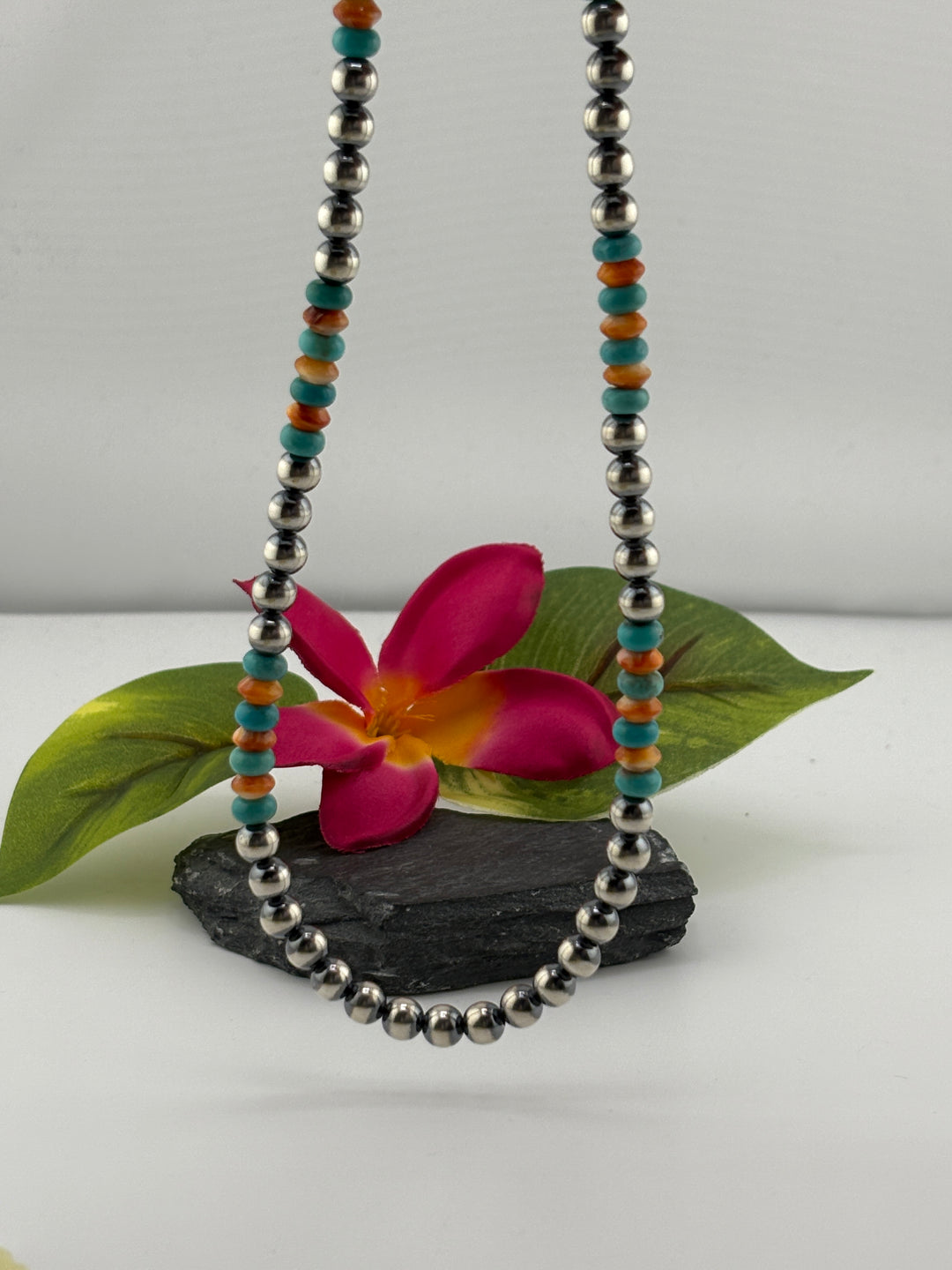 Turquoise & Spiney Oyster Silver Bead Necklace