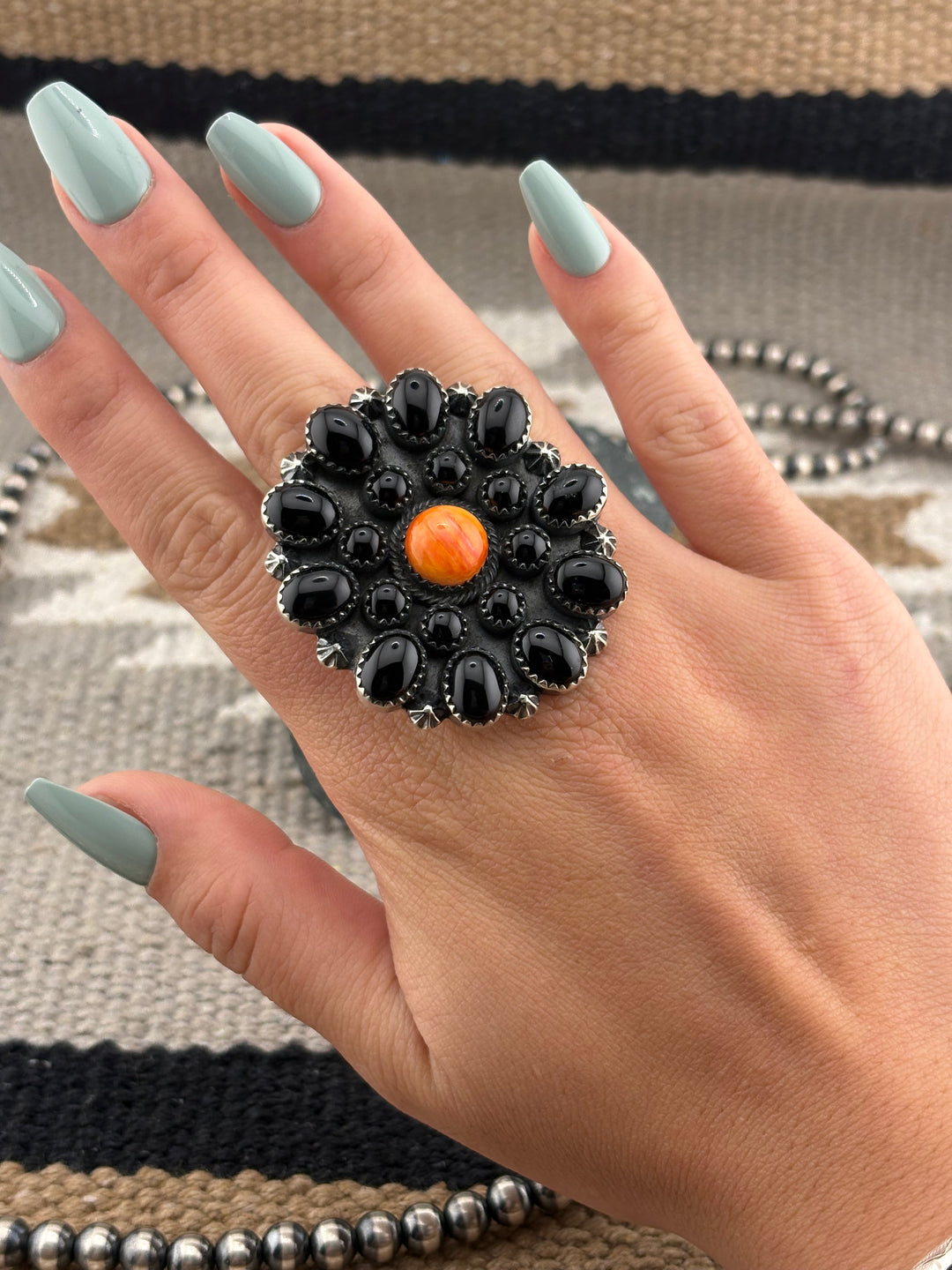 Tony Yazzie | Native American Black Onyx & Spiney Oyster Cluster Ring
