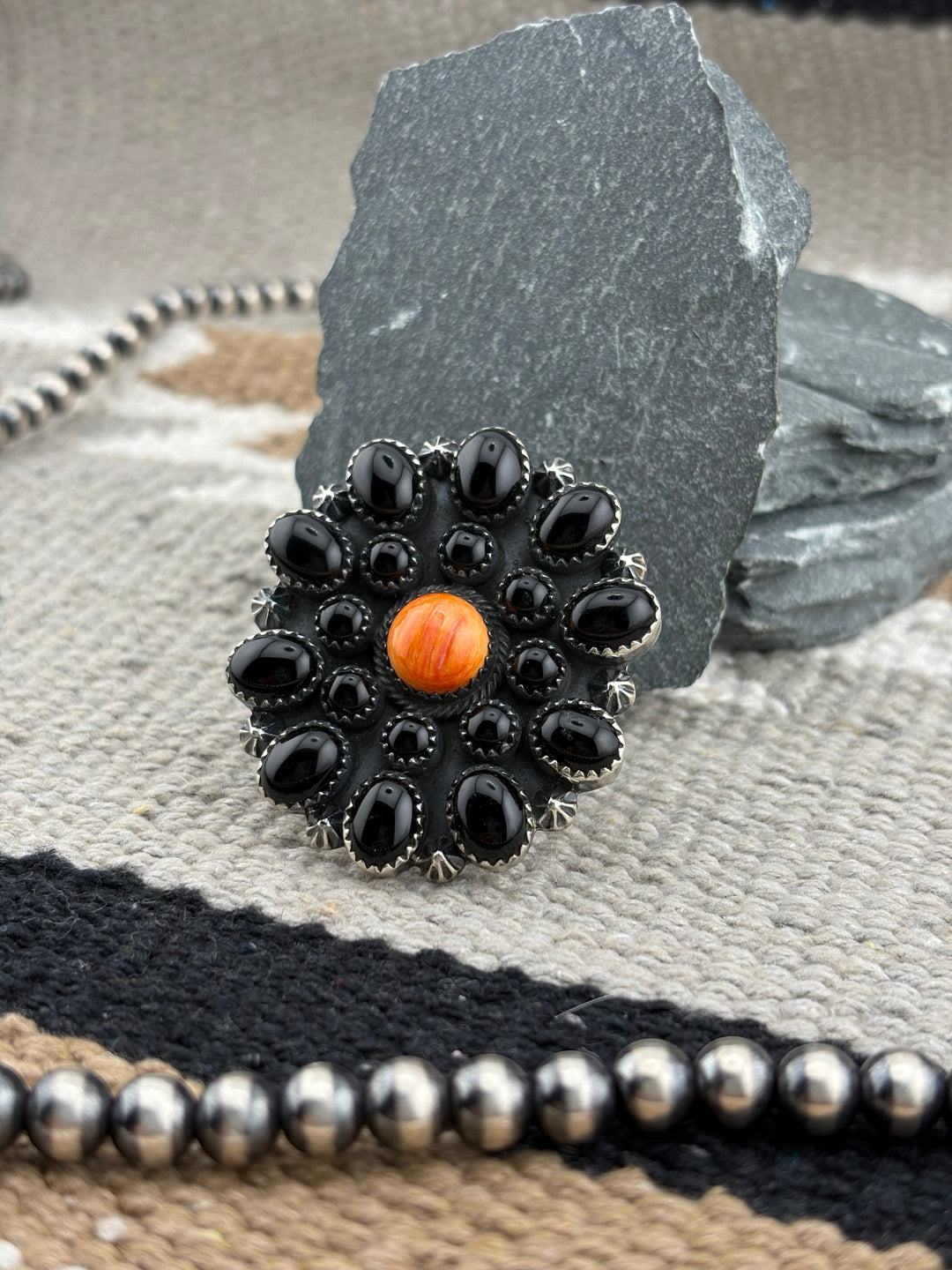 Tony Yazzie | Native American Black Onyx & Spiney Oyster Cluster Ring