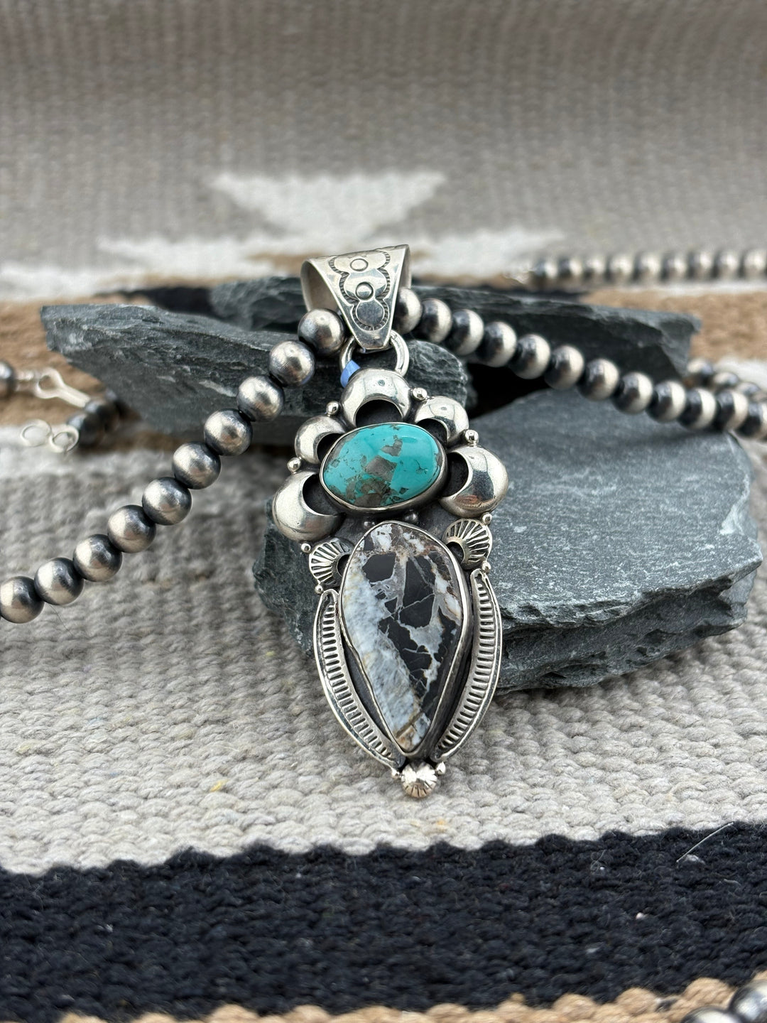 Tony Yazzie | Native American White Buffalo & Turquoise Pendant