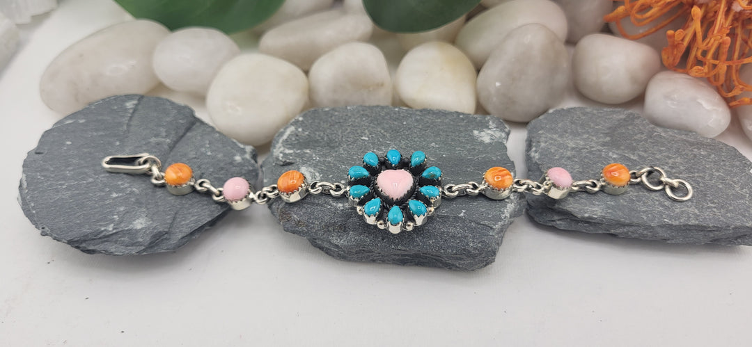 Queen conch,  turquoise, and orange spiny oyster Southwest heart bracelet
