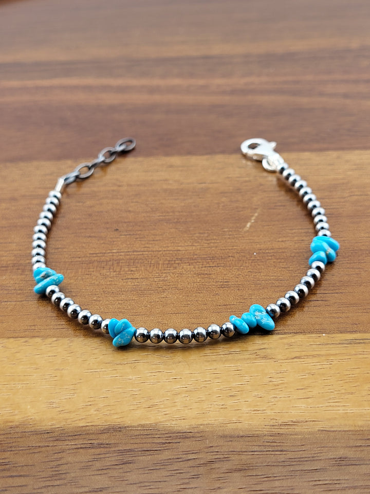 Oxidized 7 inch + 1 inch Extension 925 Sterling Silver Bead Turquoise Nugget Bracelet