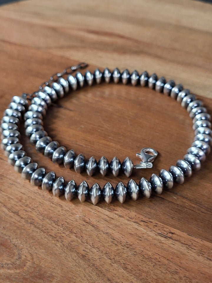Oxidized 925 Sterling Silver Saucer Bead Necklace 8mm 14" + 2" extension
