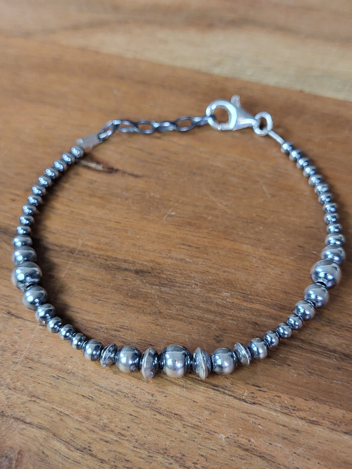 Oxidized Sterling Silver Graduated Bead Station Bracelet 3‐6mm 7"+1" extension