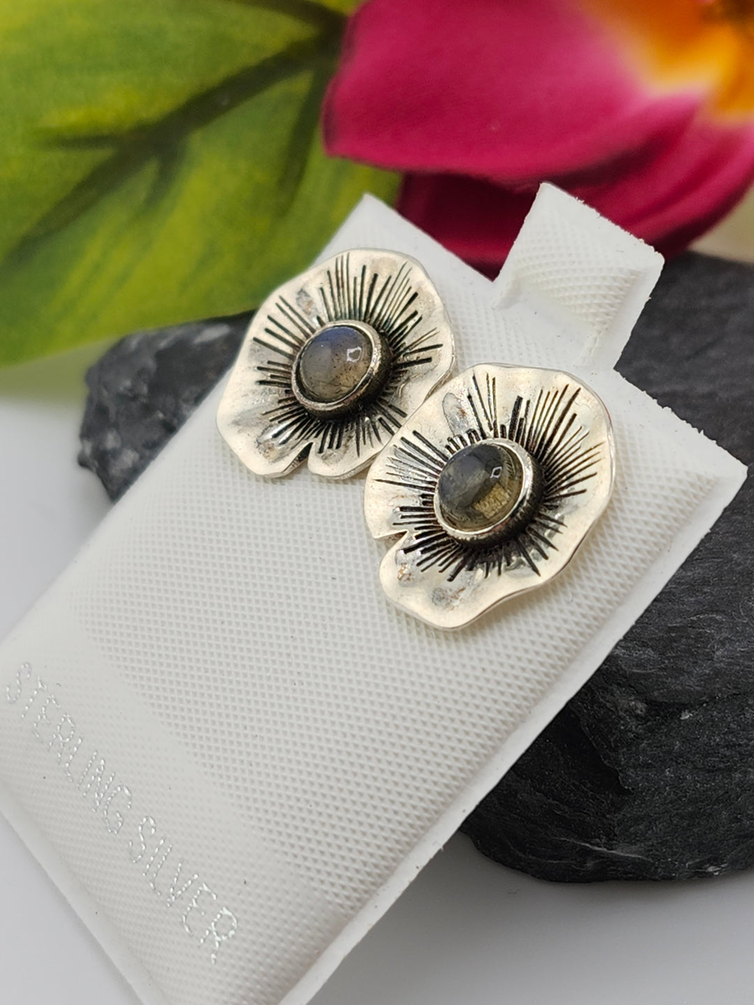 Labradorite Flower & 925 Sterling Silver Stud Earrings