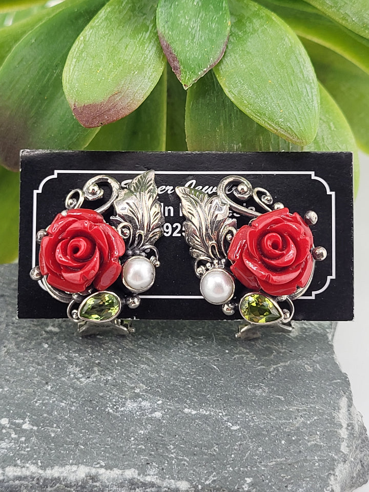 925 Sterling Silver Carved Resin Rosebud Omega Back Earrings with Pearl and Peridot