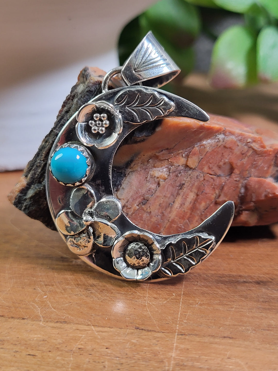 Natural Turquoise Moon Pendant 925 Sterling Silver