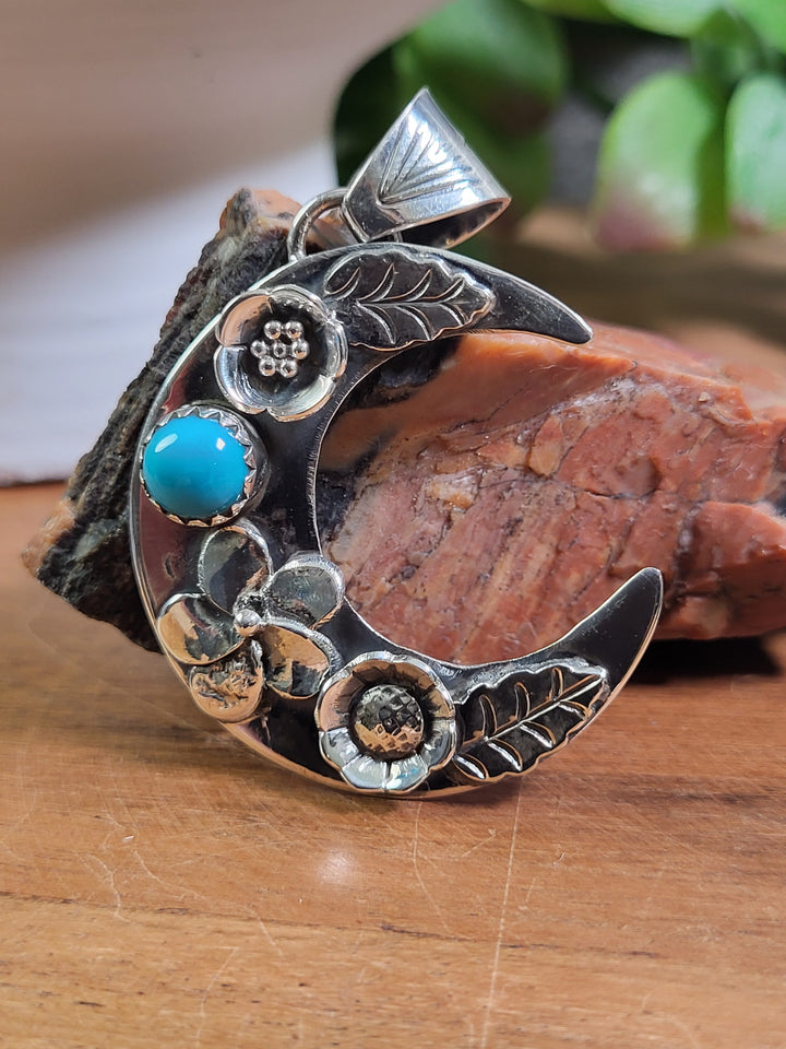 Natural Turquoise Moon Pendant 925 Sterling Silver