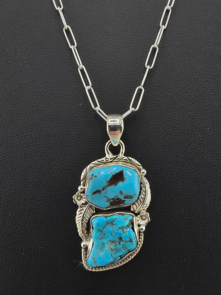 Raw Kingman Turquoise double stone 925 sterling silver pendant w/ 18" 3mm paperclip Chain