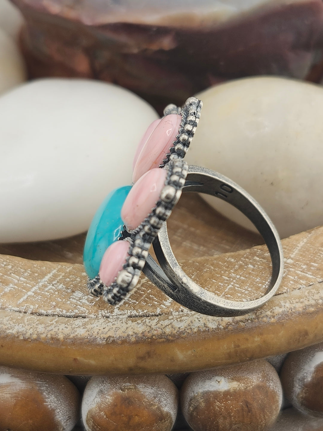 Turquoise with Queen Conch & 925 Sterling Silver Ring Size 10