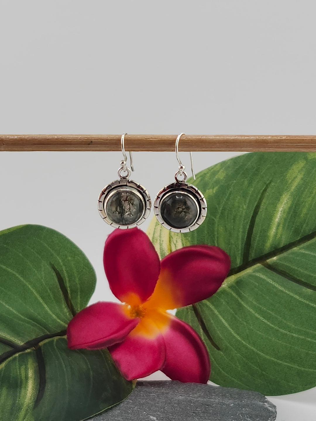 Moss Agate Round Dangle Earrings