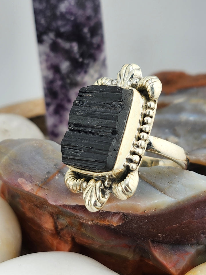 Raw Black Tourmaline 925 Sterling Silver Ring Size 9