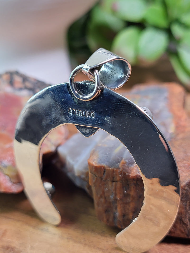 Natural Queen Conch, Spiny Oyster, & Turquoise Horseshoe Pendant 925 Sterling Silver