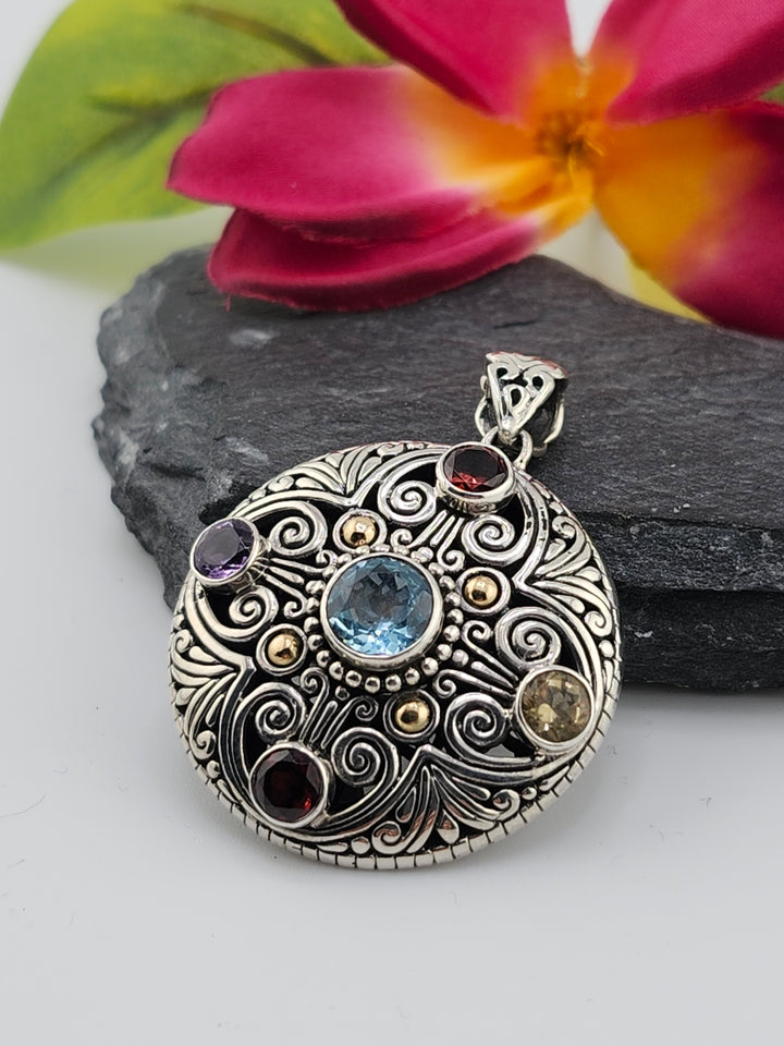 Topaz/Citrine/Amethyst/Garnet & 18k Accented Bali Pendant
