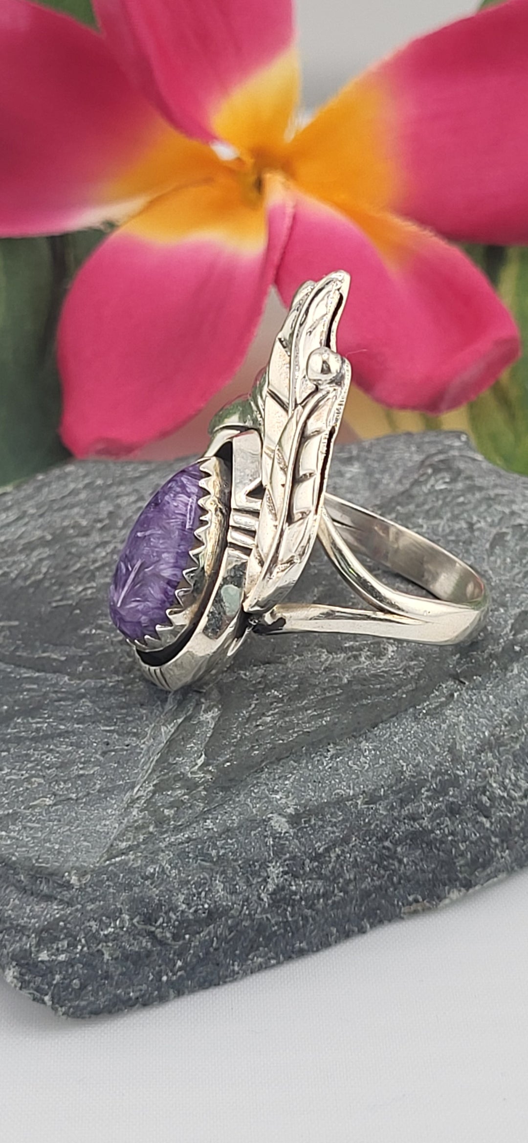 Charoite Teardrop & 925 Sterling Silver Leafs Ring Size 9