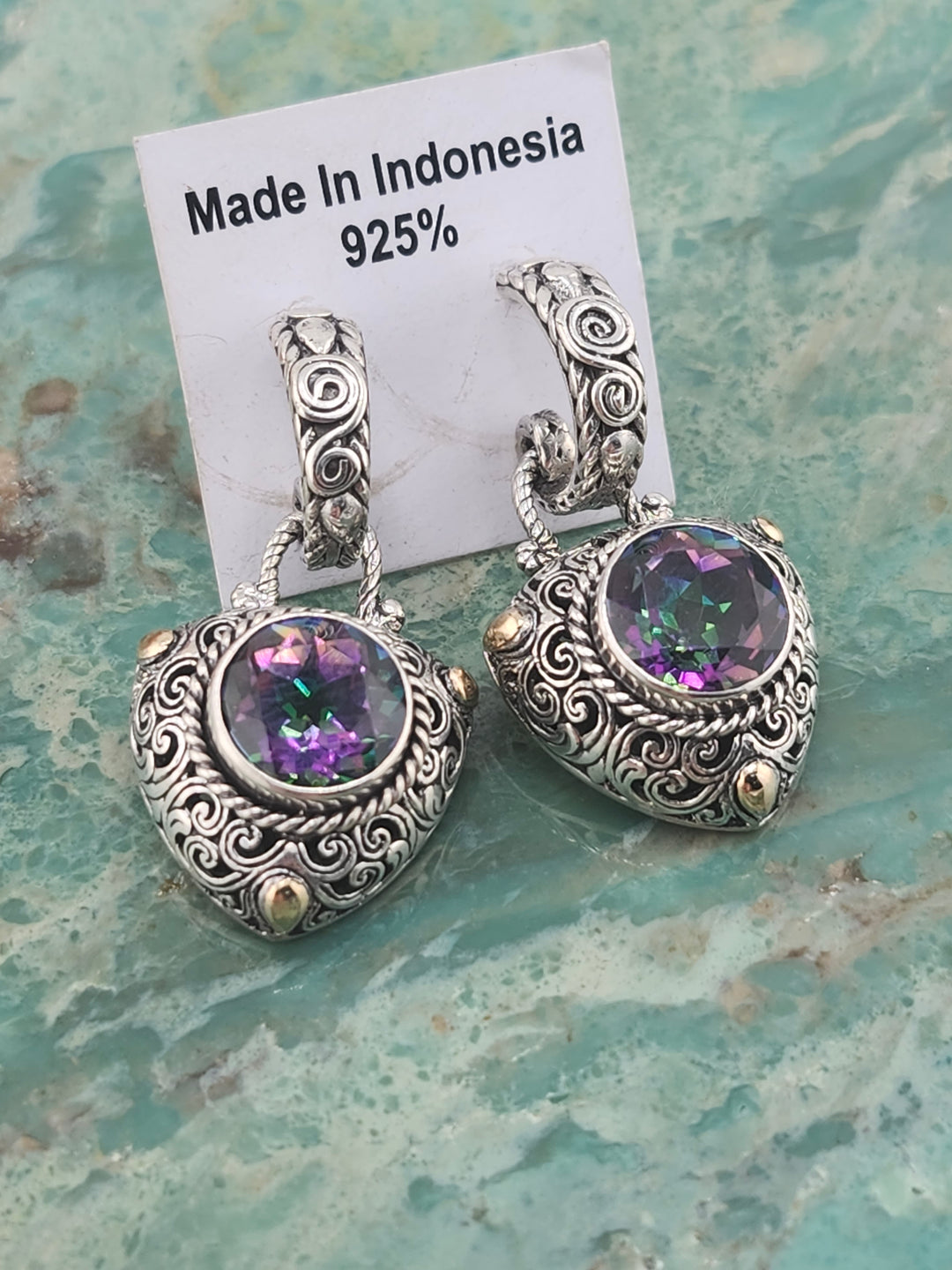 Bali 925 Sterling Silver/18k and Mystic Topaz Stud Dangle Earrings