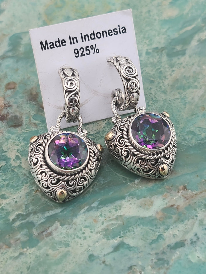 Bali 925 Sterling Silver/18k and Mystic Topaz Stud Dangle Earrings