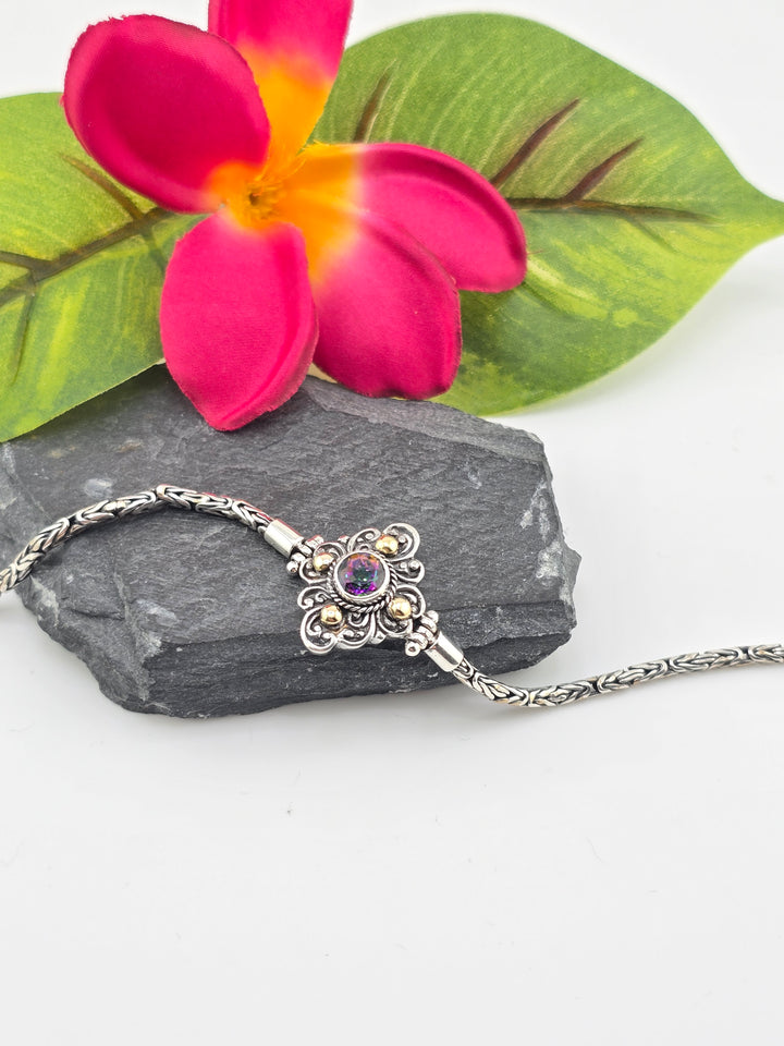 Real Mystic Topaz 925 Sterling Silver and 18k Gold Accented Bali Bracelet 7"