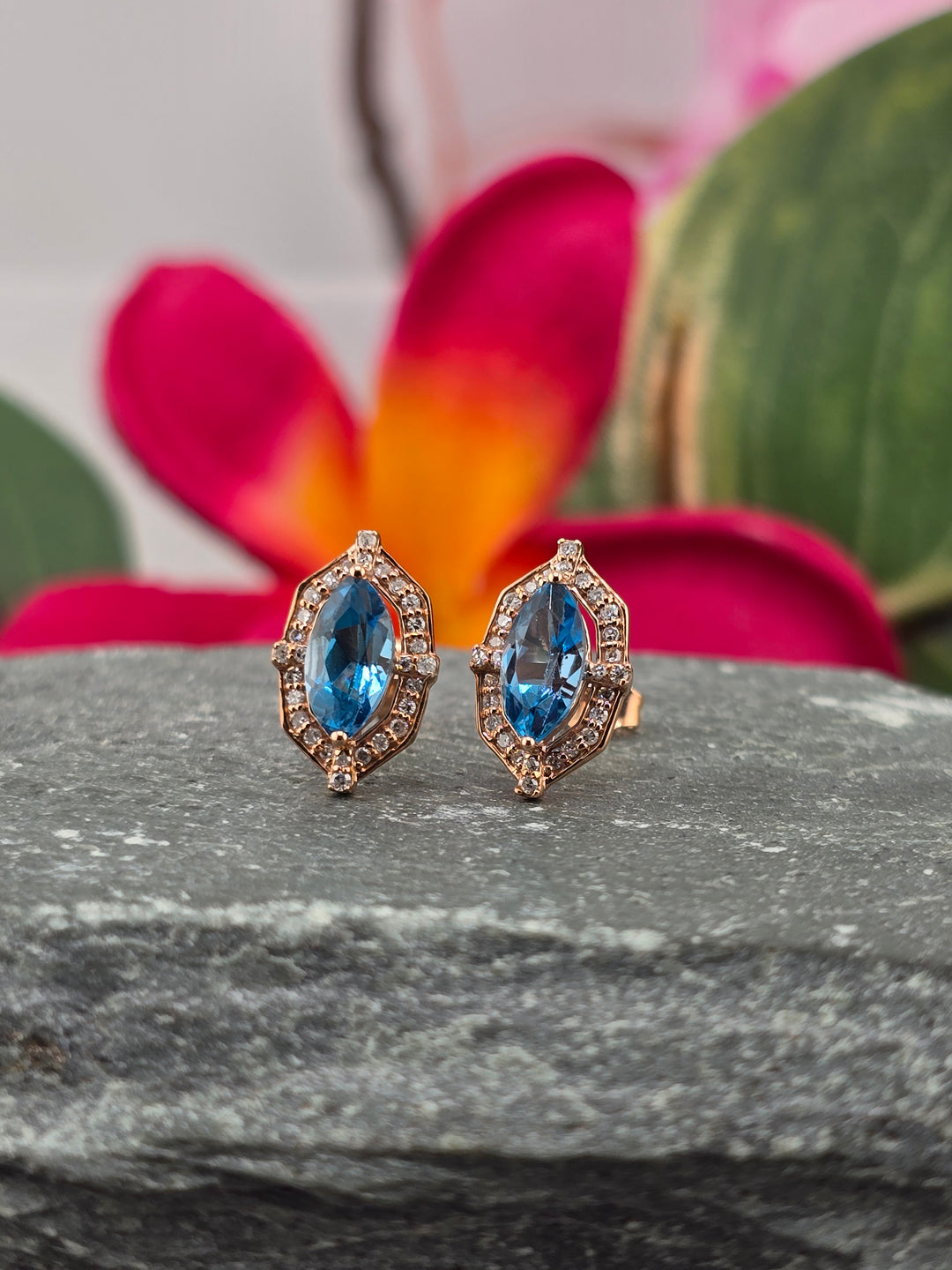 10k Rose Gold London Blue Topaz & Natural Diamond Post Back Earrings
