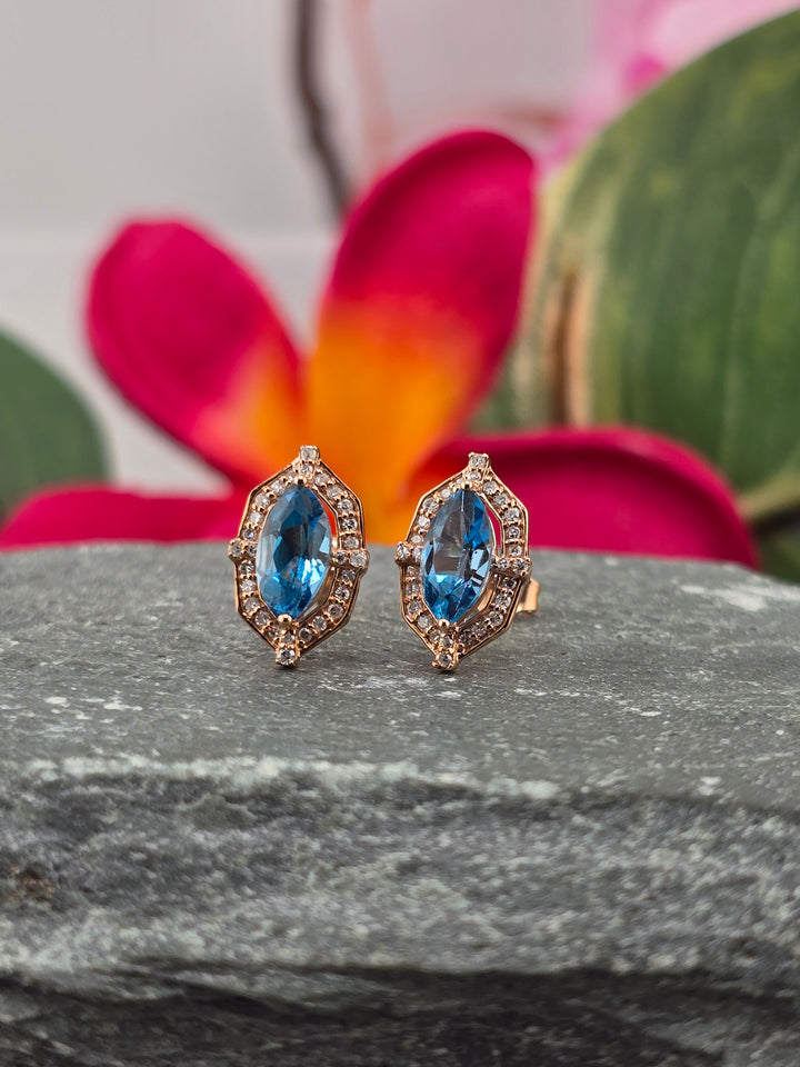 10k Rose Gold London Blue Topaz & Natural Diamond Post Back Earrings