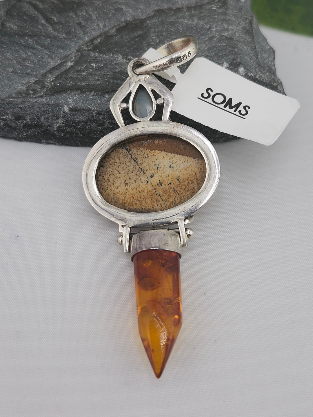 Designer SOMS Ethiopian Opal/Picture Jasper/Baltic Amber and 925 Sterling Silver Pendant