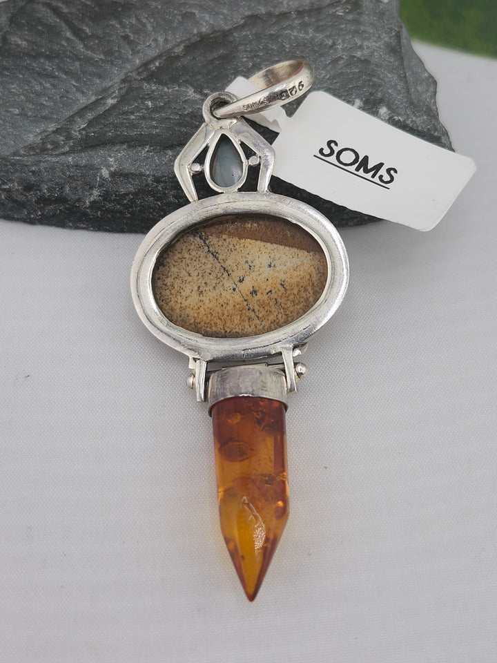 Designer SOMS Ethiopian Opal/Picture Jasper/Baltic Amber and 925 Sterling Silver Pendant