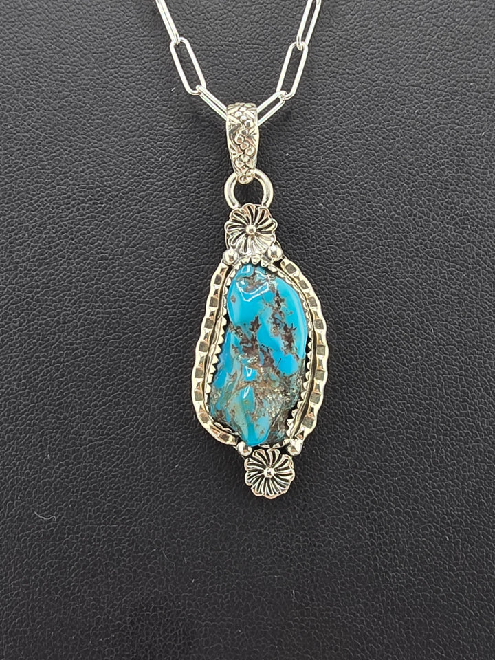 Raw Kingman Turquoise 925 sterling silver pendant w/ 18" 3mm paperclip Chain