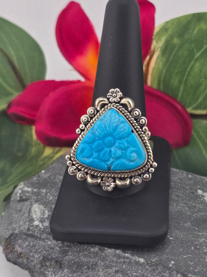 Carved American Turquoise sterling silver 925 ring size 12