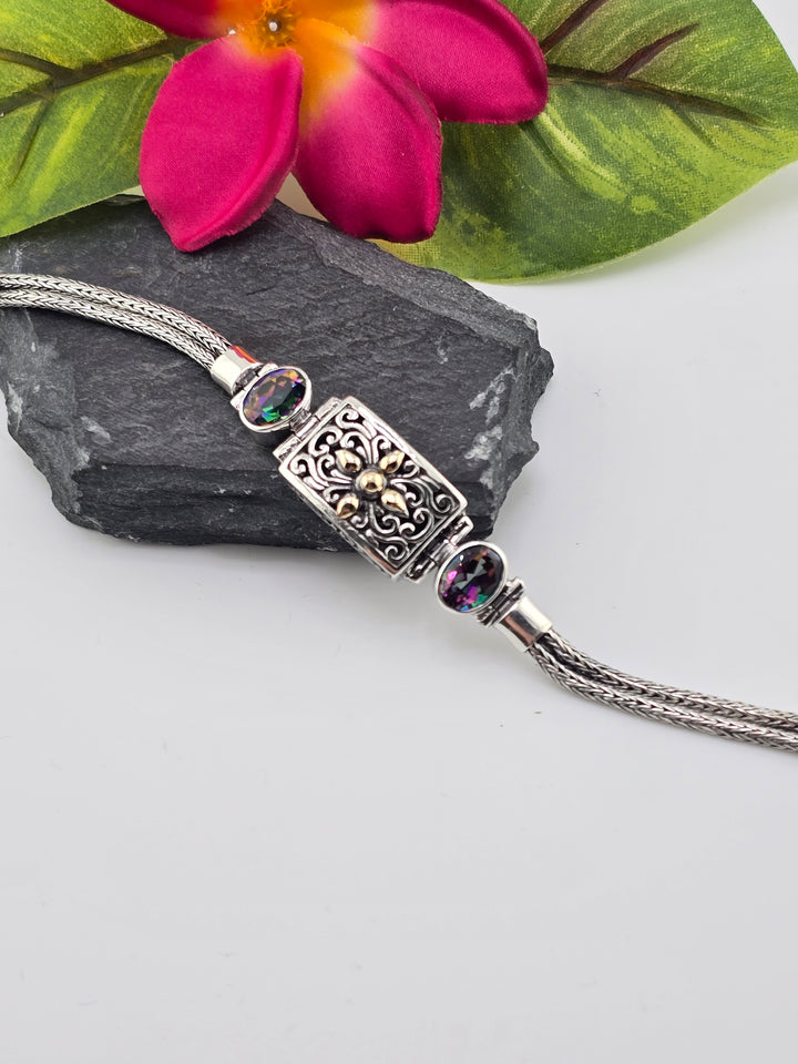 Real Mystic Topaz 925 Sterling Silver and 18k Gold Accented Bali Bracelet adj 7.5" to 8.5"