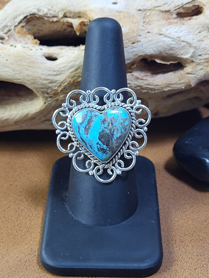 Natural Morenci Turquoise Heart Shaped 925 Sterling Silver Ring
