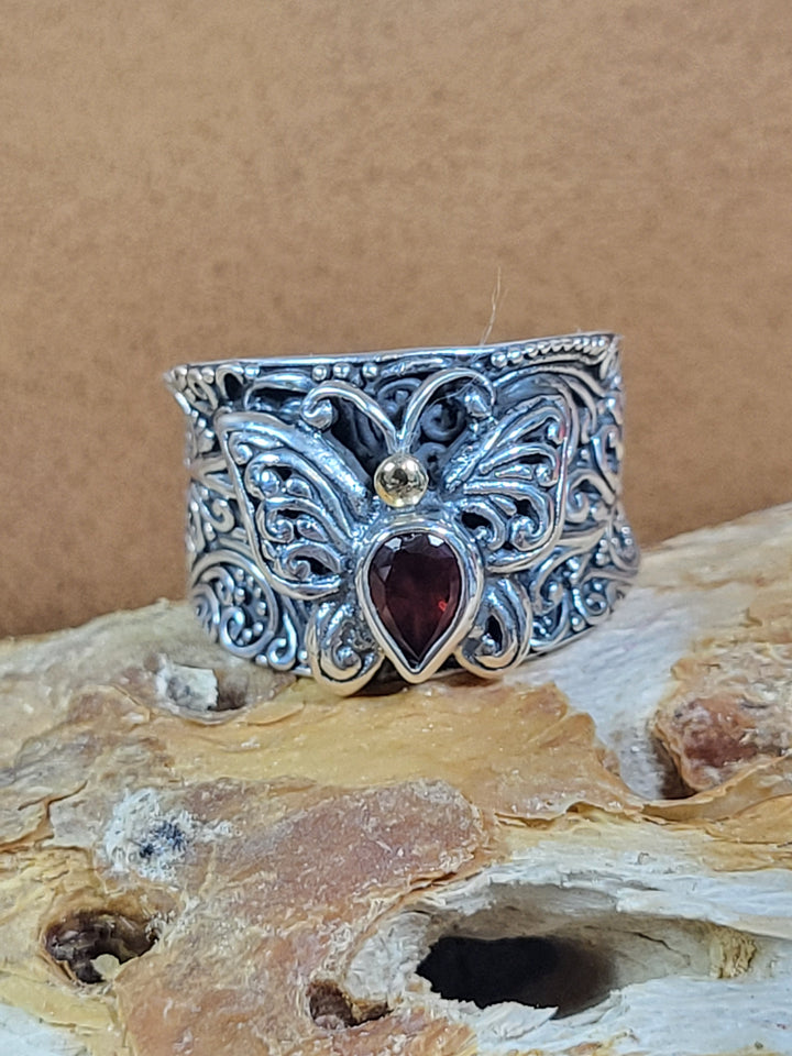 Natural Garnet with 18k Accent 925 Sterling Silver Butterfly Ring - Size 5