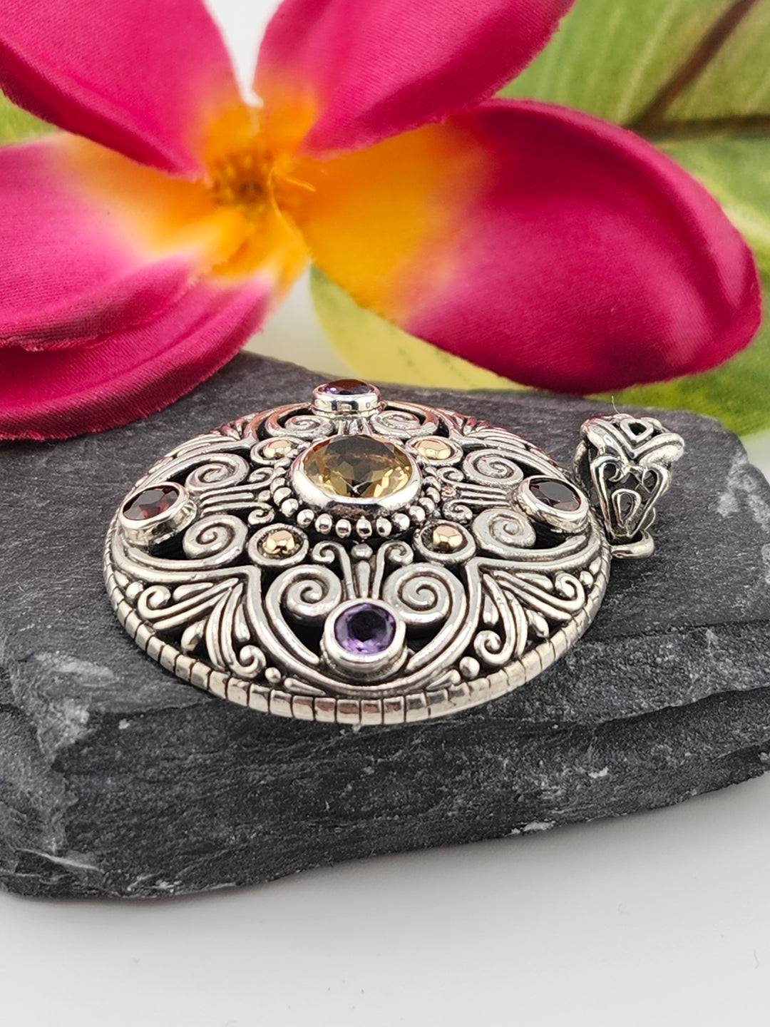 Citrine/Amethyst/Garnet & 18k Accented Bali Pendant