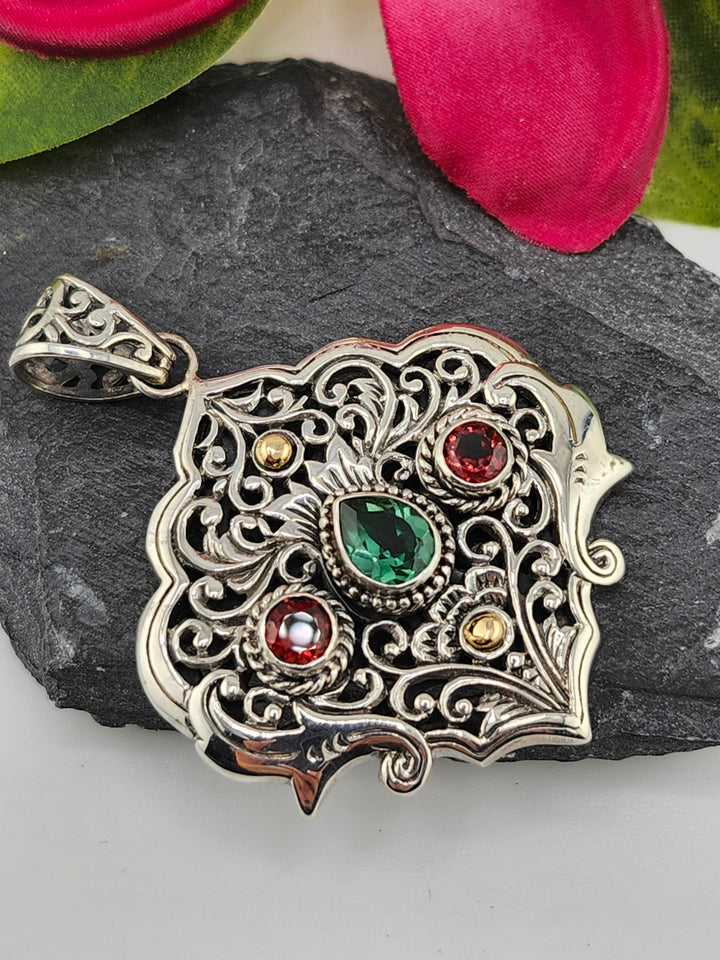Green Quartz/Garnet & 18k Accented Bali Pendant