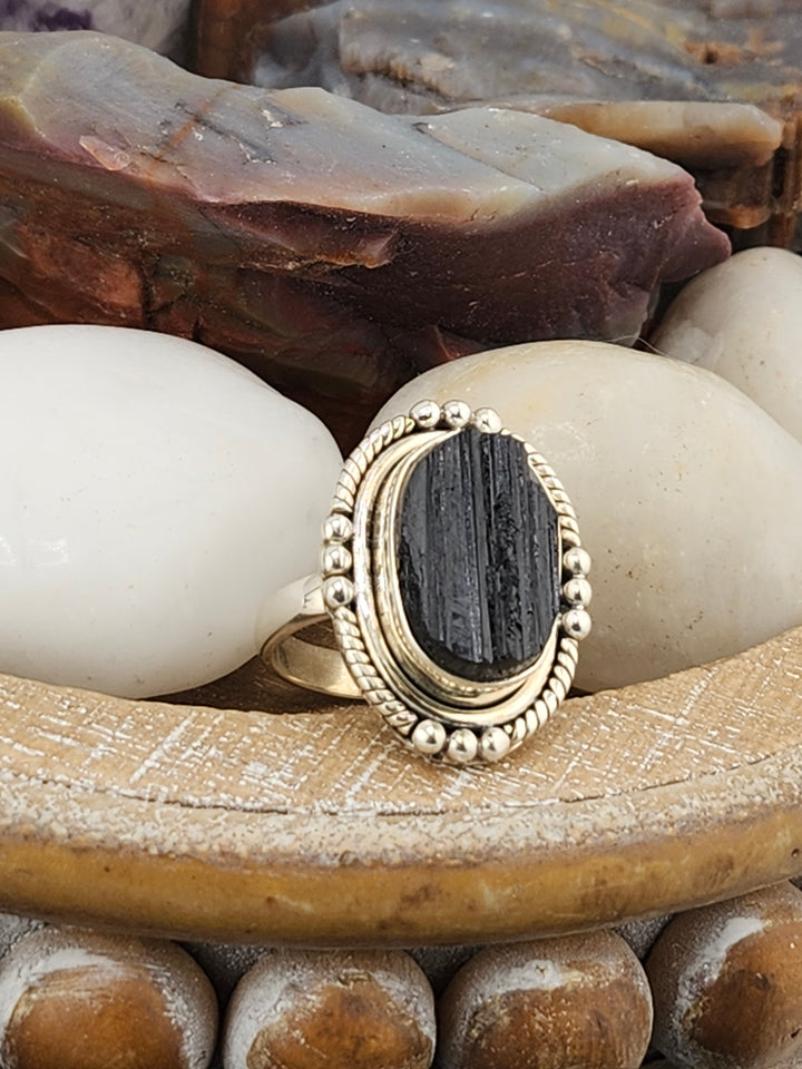 Raw Black Tourmaline 925 Sterling Silver Ring Size 9