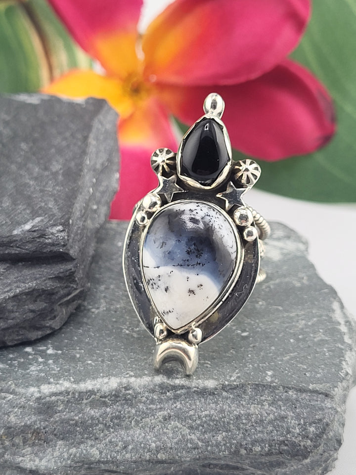 Dendritic Opal & Black Onyx Ring Size 8
