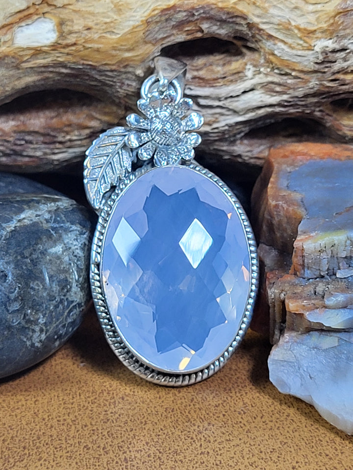 Natural Lavender Quartz 925 Sterling Silver Rose Cut Pendant - 2"